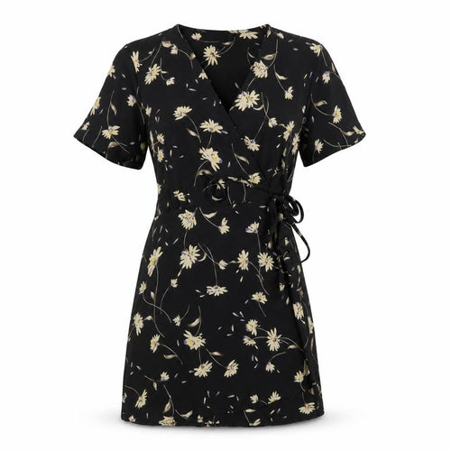 Boohoo Womens Black Floral Polyester Wrap Dress Size 12 V-Neck Tie