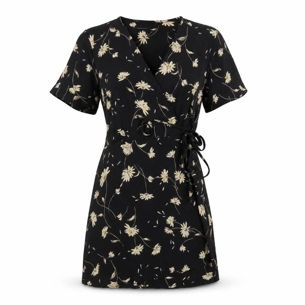 Boohoo Womens Black Floral Polyester Wrap Dress Size 12 V-Neck Tie