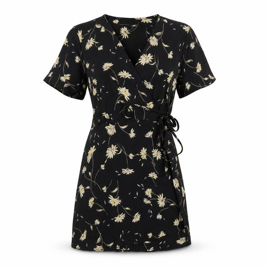 Front view of Boohoo women’s black floral polyester wrap dress, size UK 12, v-neck tie