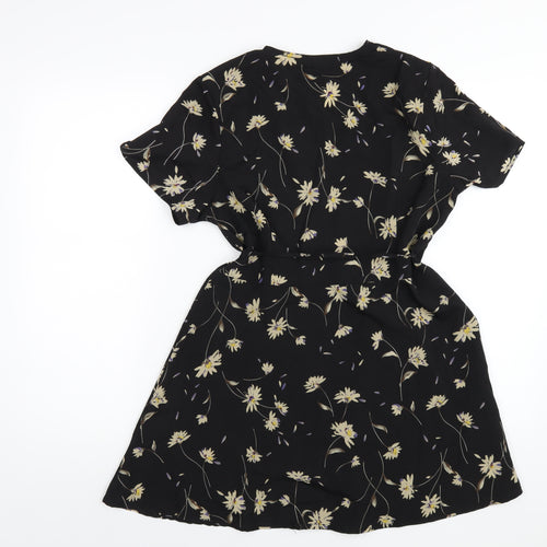 Boohoo Womens Black Floral Polyester Wrap Dress Size 12 V-Neck Tie