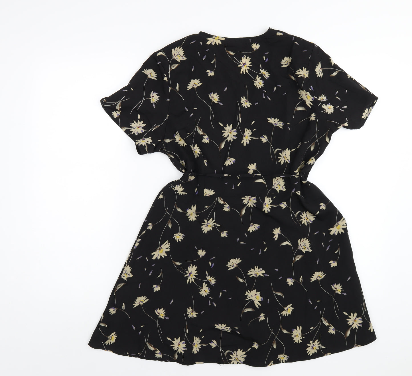 Boohoo Womens Black Floral Polyester Wrap Dress Size 12 V-Neck Tie