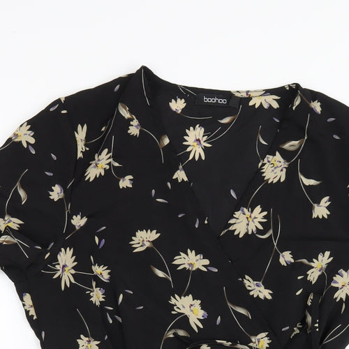 Boohoo Womens Black Floral Polyester Wrap Dress Size 12 V-Neck Tie