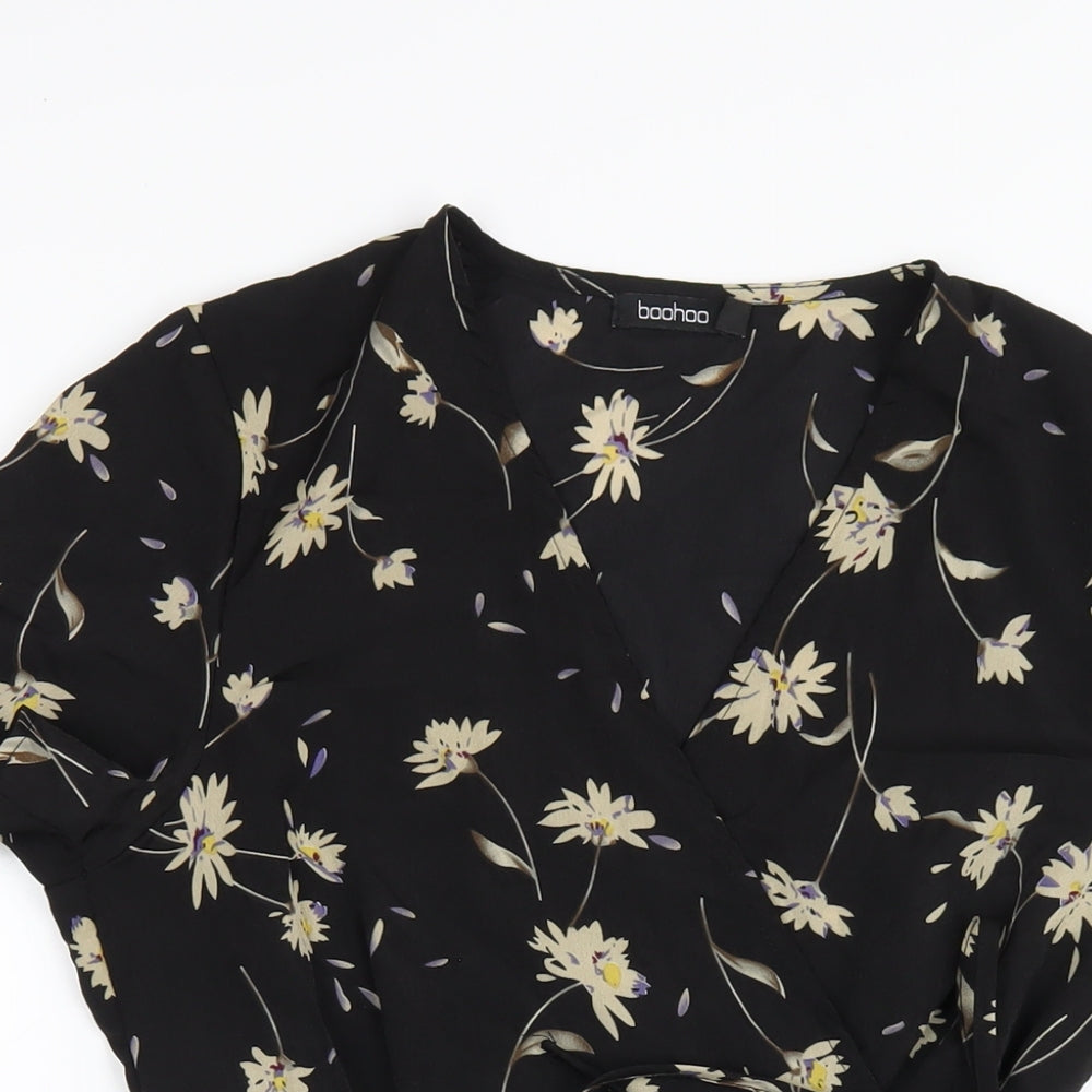 Boohoo Womens Black Floral Polyester Wrap Dress Size 12 V-Neck Tie