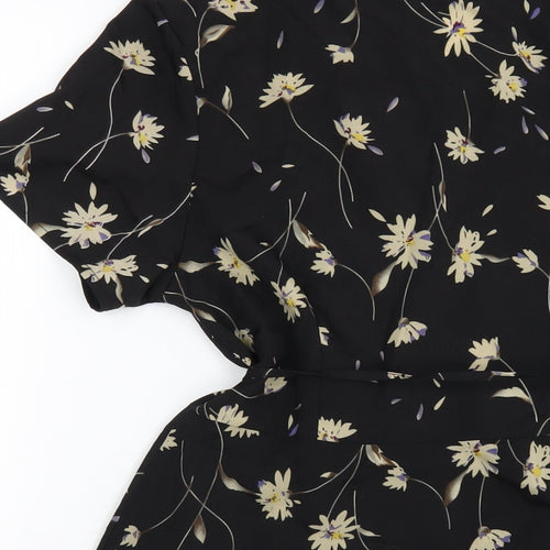Boohoo Womens Black Floral Polyester Wrap Dress Size 12 V-Neck Tie