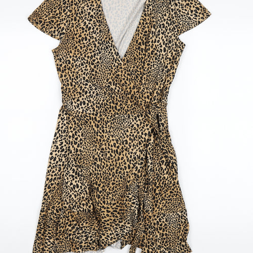 H&M Womens Brown Animal Print Polyester Wrap Dress Size 10 V-Neck Tie