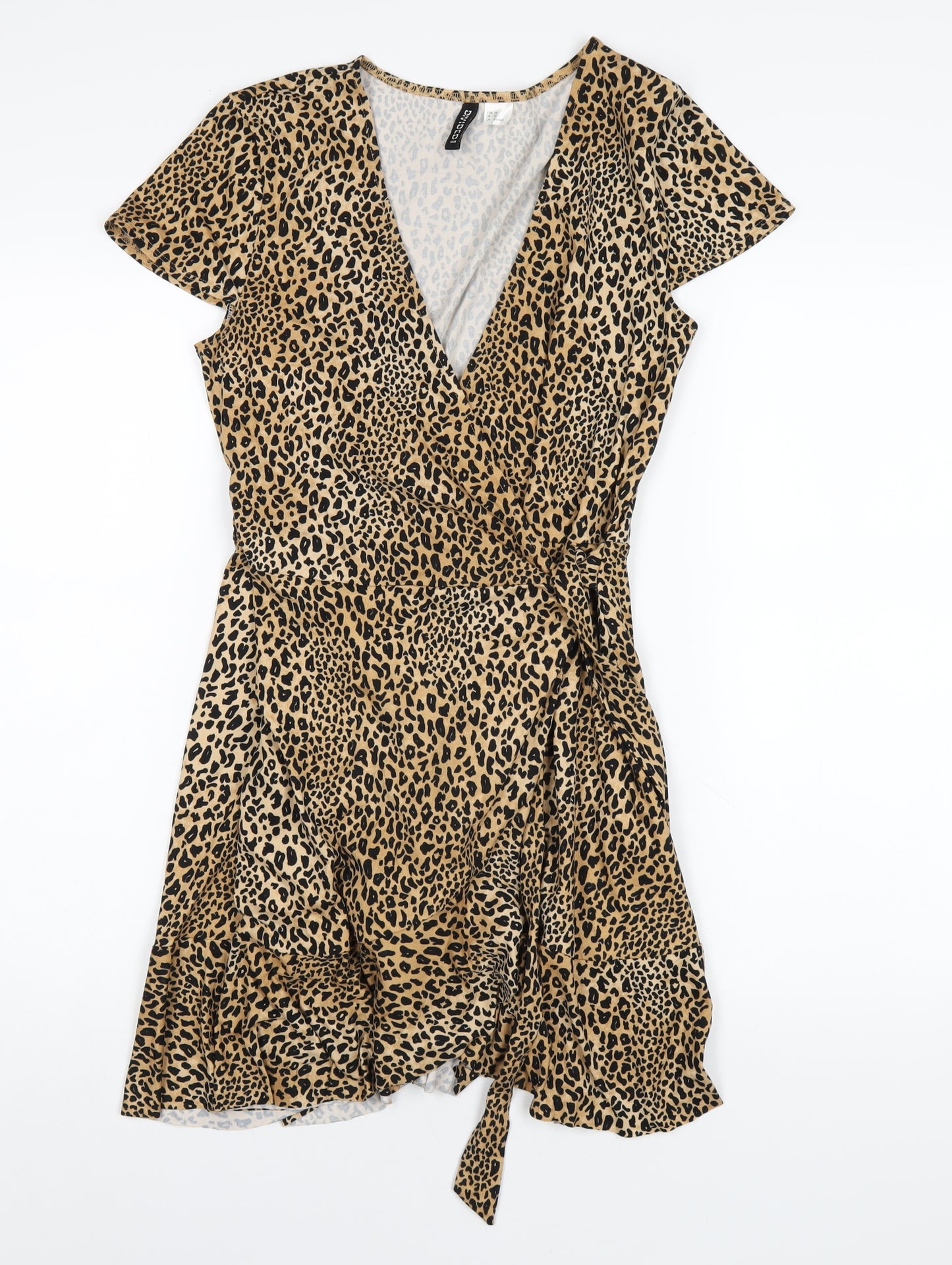 H&M Womens Brown Animal Print Polyester Wrap Dress Size 10 V-Neck Tie