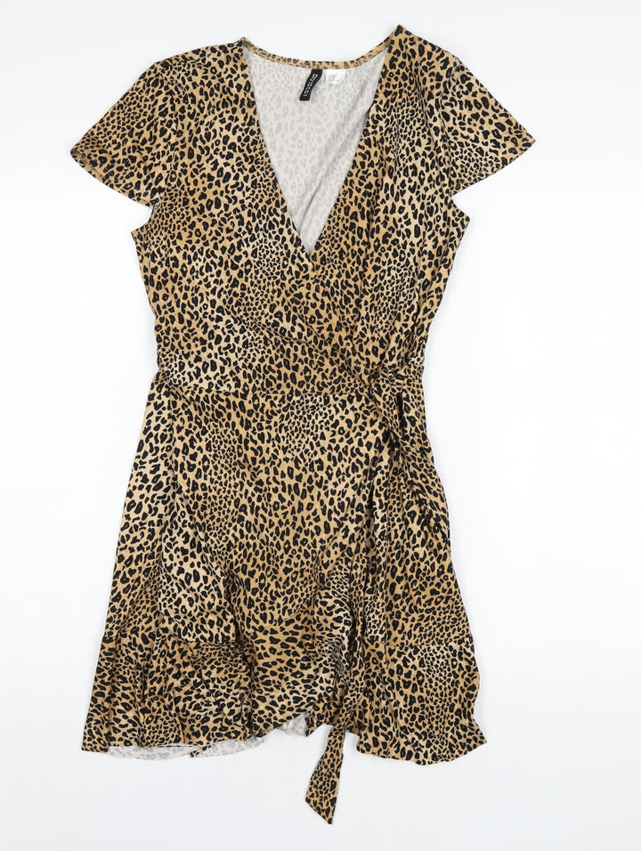 H&M Womens Brown Animal Print Polyester Wrap Dress Size 10 V-Neck Tie