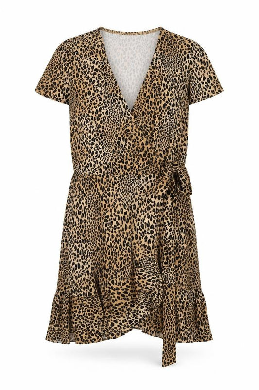 Front view of H&M women’s brown animal print polyester wrap dress, size UK 10, v-neck tie