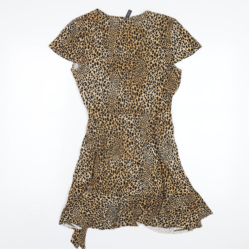 H&M Womens Brown Animal Print Polyester Wrap Dress Size 10 V-Neck Tie