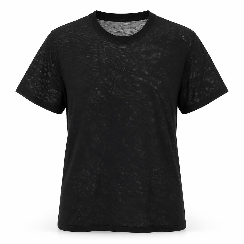 Front view of American Apparel women’s black polyester basic t-shirt, size XS, round neck