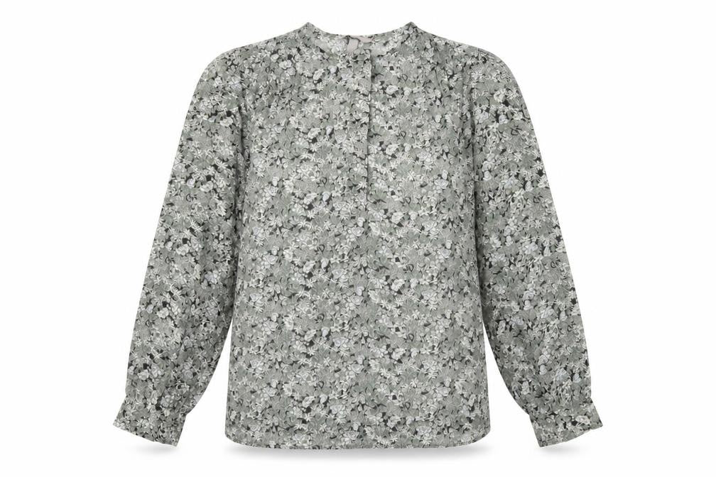 Front view of H&M women’s green floral polyester basic blouse, size M, round neck
