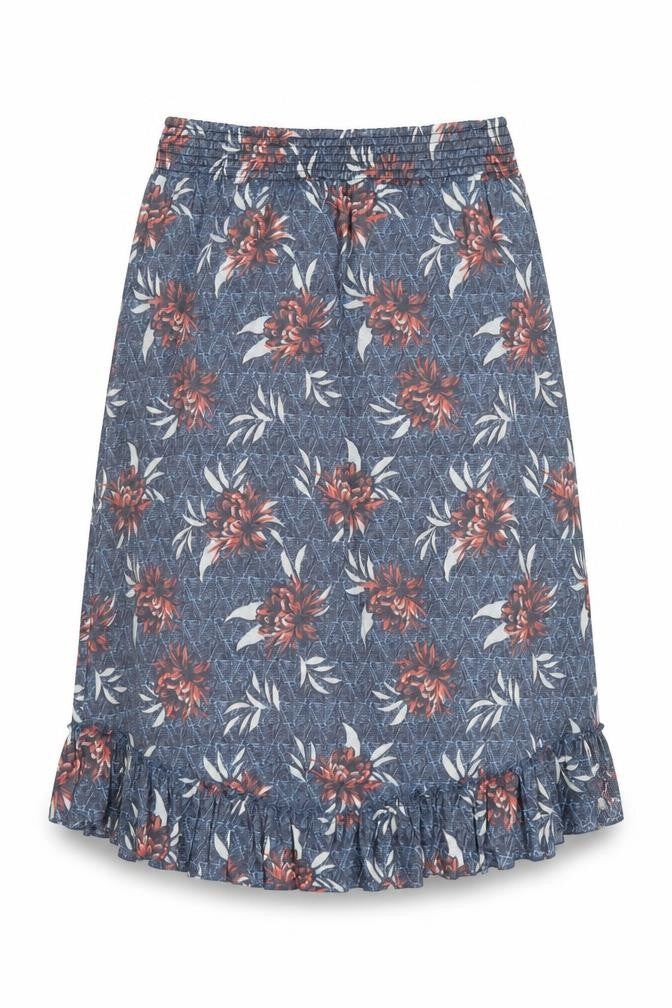 Front view of Klass women’s blue floral polyester a-line skirt, size UK 14