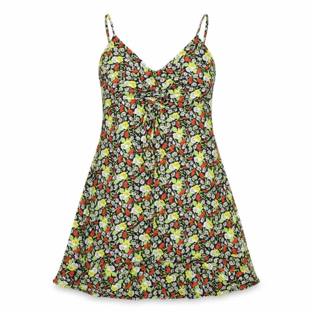 Front view of Warehouse women’s multicoloured floral polyester a-line, size UK 14, v-neck pullover