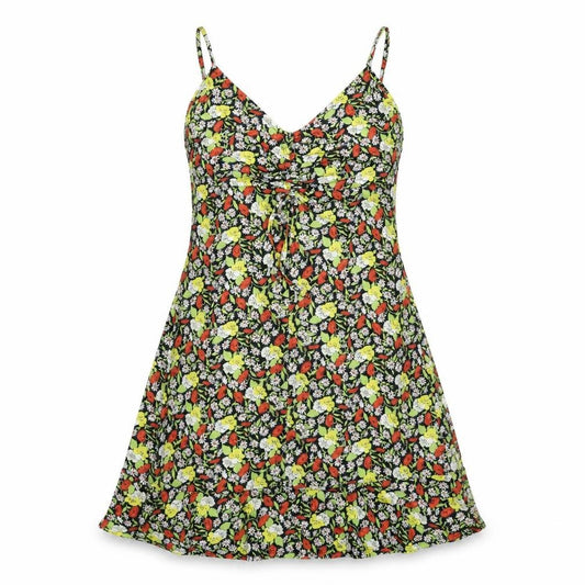 Front view of Warehouse women’s multicoloured floral polyester a-line, size UK 14, v-neck pullover