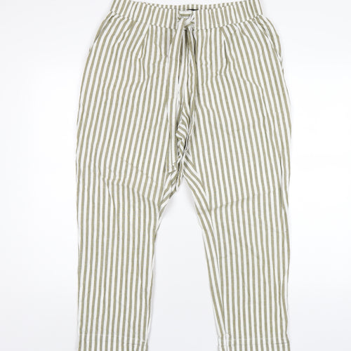 Zara Womens Green Striped Cotton Trousers Size M L25 in Regular Drawstring