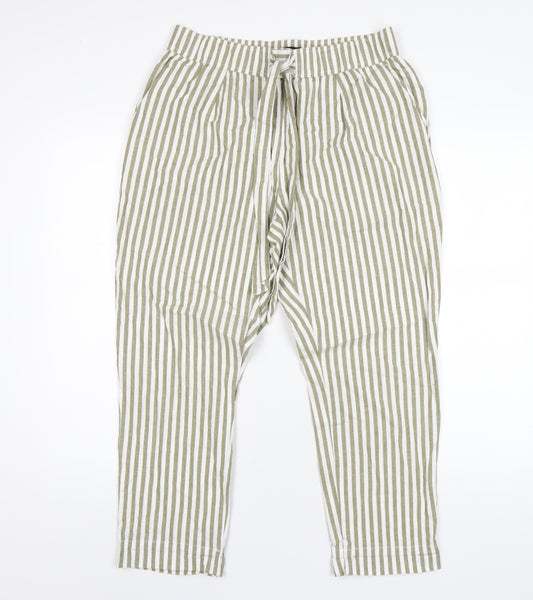 Zara Womens Green Striped Cotton Trousers Size M L25 in Regular Drawstring