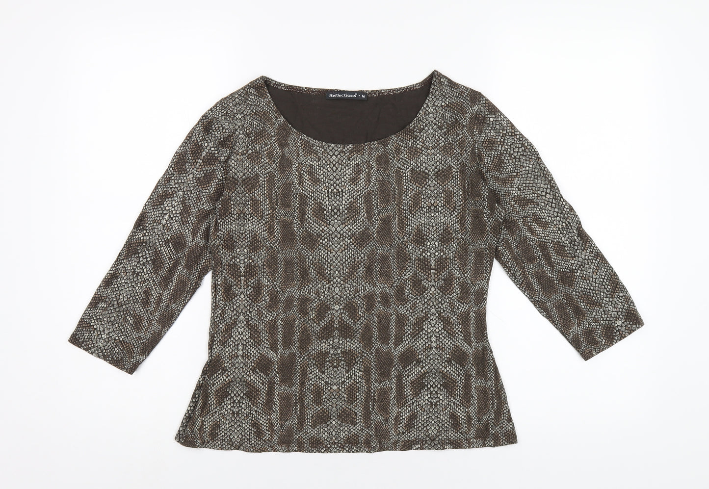 Reflections Womens Brown Animal Print Viscose Basic T-Shirt Size M Round Neck - Snake Print