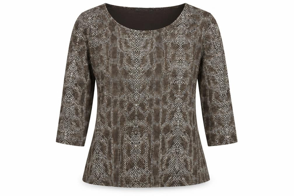 Front view of Reflections women’s brown animal print viscose basic t-shirt, size M, round neck - snake print