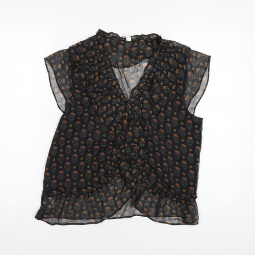 Mango Womens Black Floral Polyester Basic Blouse Size M V-Neck