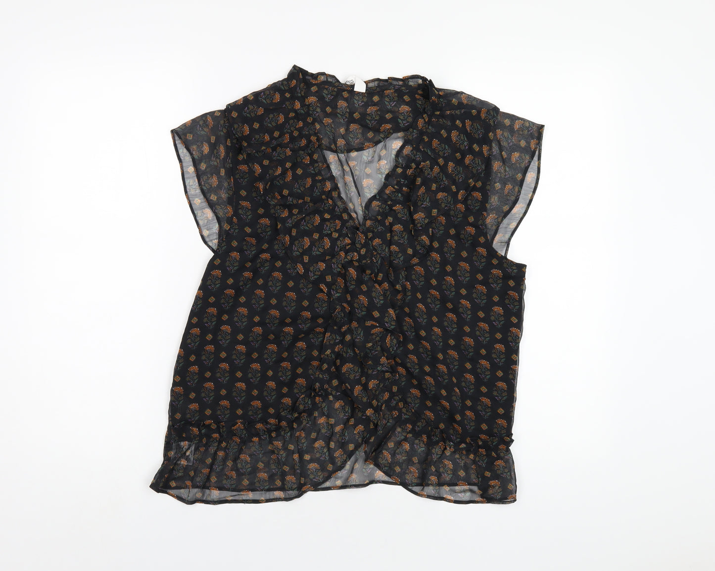 Mango Womens Black Floral Polyester Basic Blouse Size M V-Neck