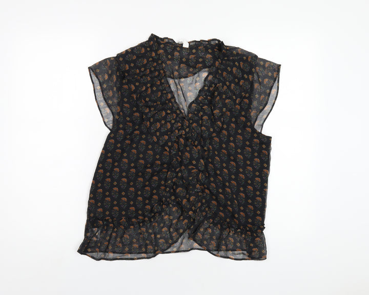 Mango Womens Black Floral Polyester Basic Blouse Size M V-Neck