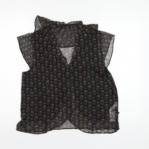 Mango Womens Black Floral Polyester Basic Blouse Size M V-Neck