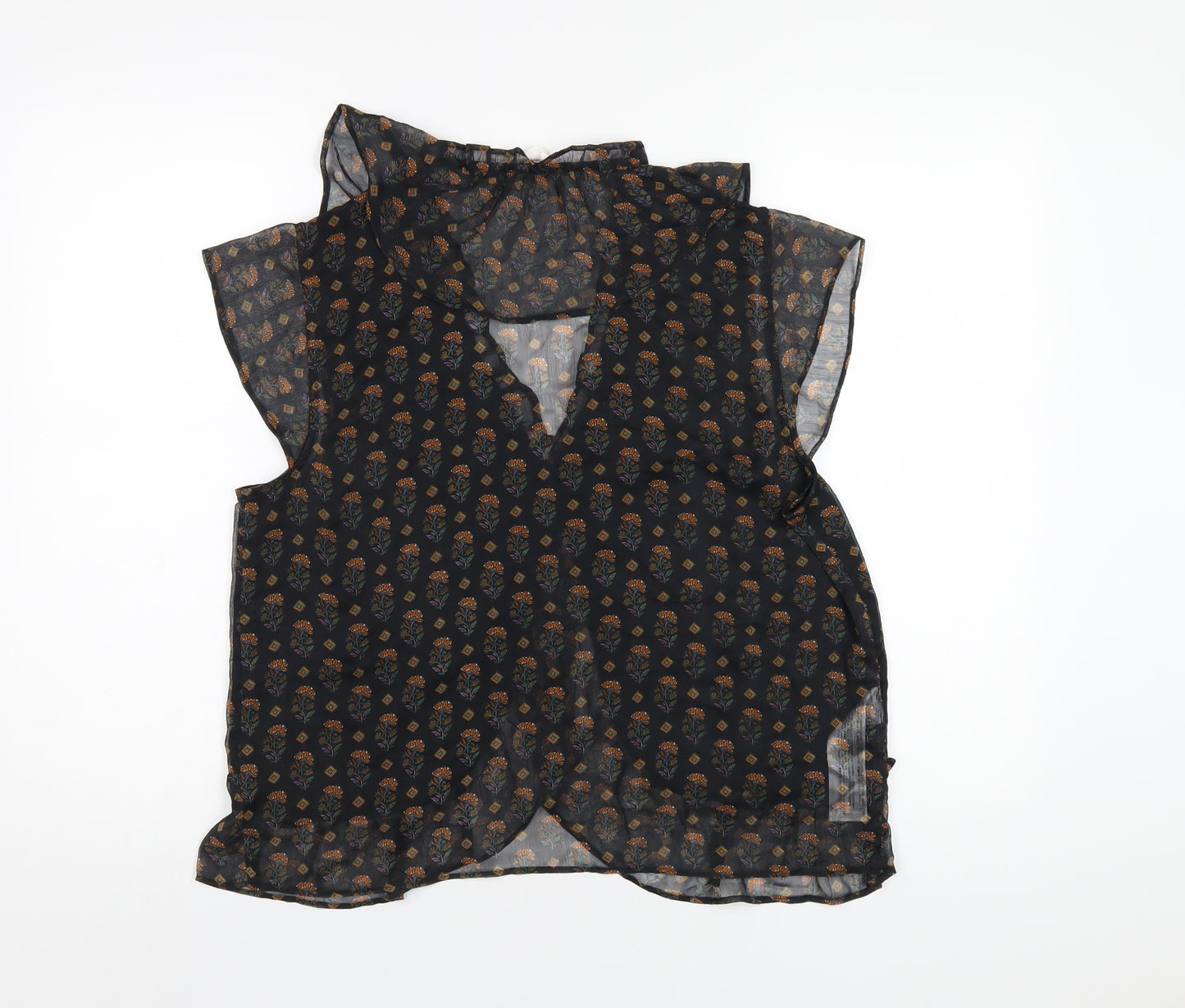 Mango Womens Black Floral Polyester Basic Blouse Size M V-Neck