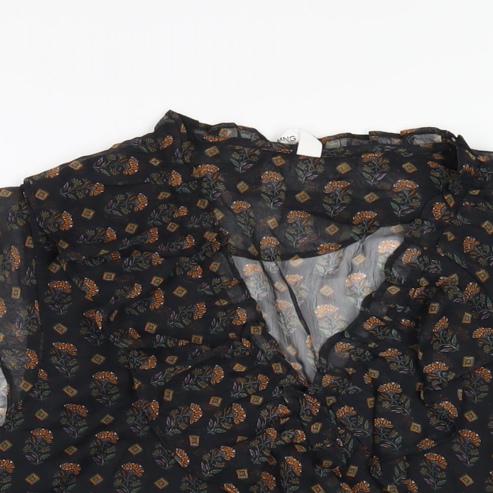 Mango Womens Black Floral Polyester Basic Blouse Size M V-Neck