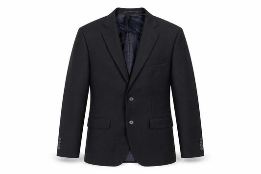 Front view of Hugo James men’s black polyester jacket suit jacket, size 38, regular