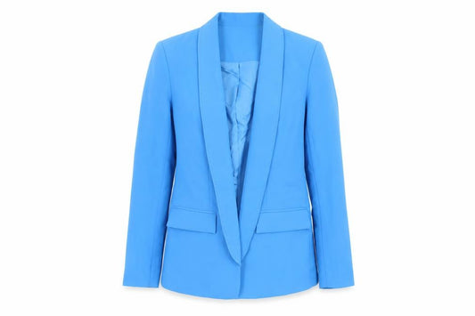 Front view of Warehouse women’s blue jacket blazer, size UK 10, - open