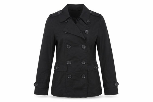 Front view of Liesel women’s black jacket, size UK 12, button