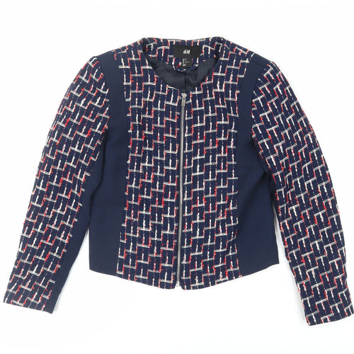 H&M Womens Blue Geometric Jacket Blazer Size 8 Zip