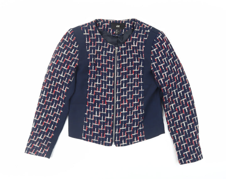 H&M Womens Blue Geometric Jacket Blazer Size 8 Zip