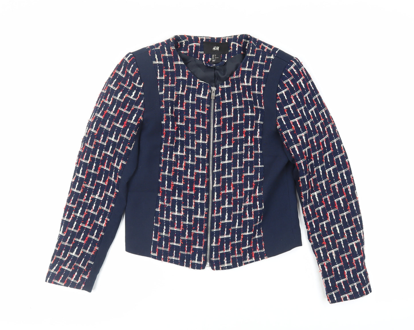 H&M Womens Blue Geometric Jacket Blazer Size 8 Zip