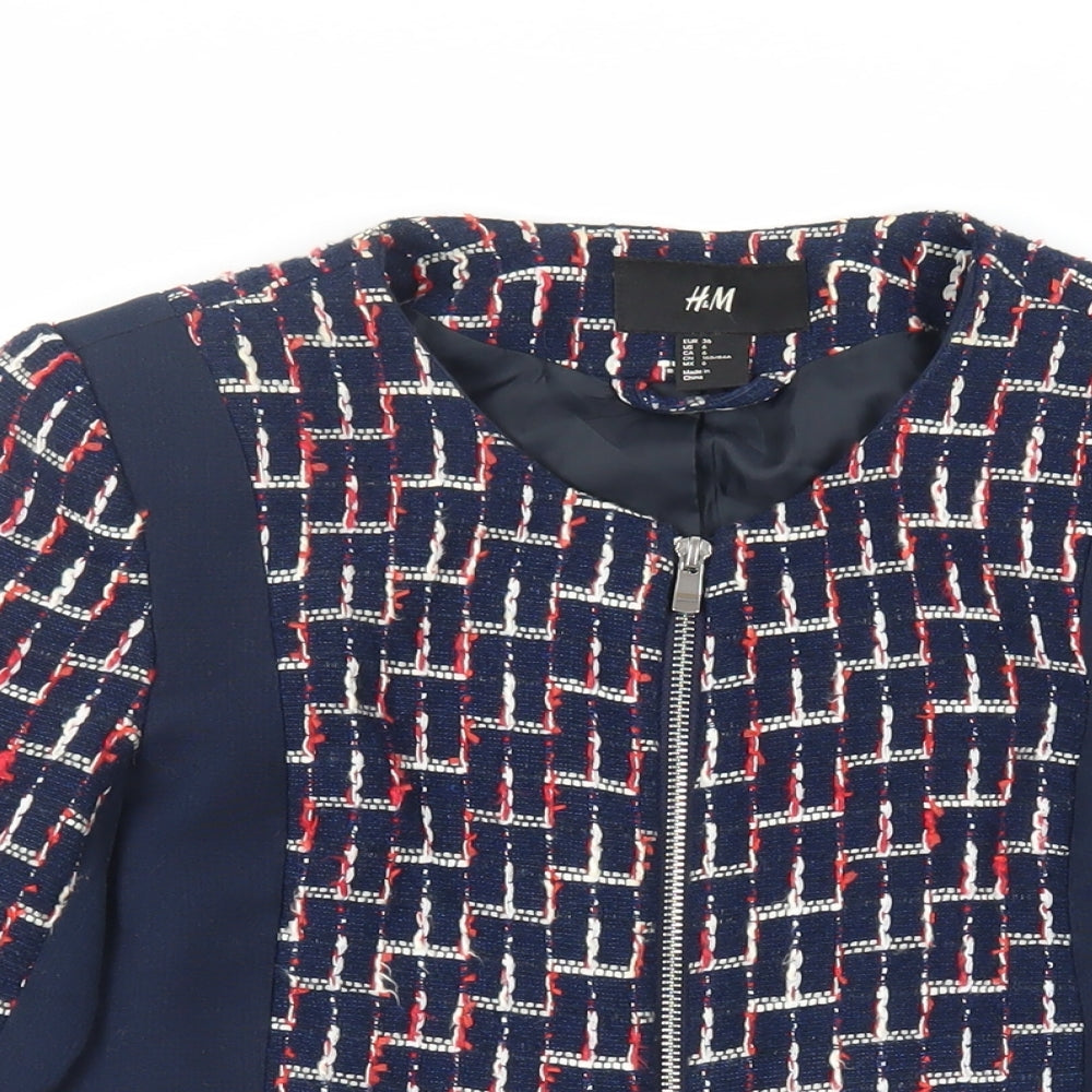 H&M Womens Blue Geometric Jacket Blazer Size 8 Zip
