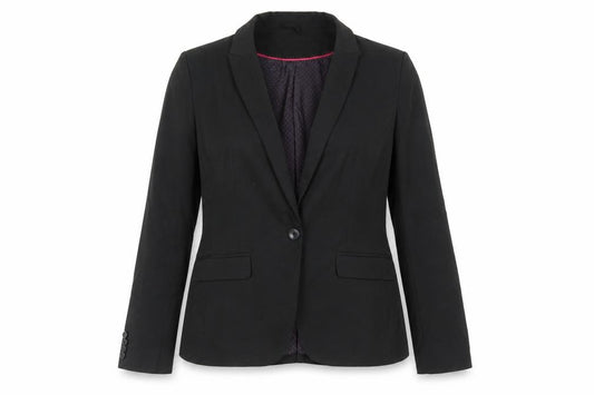 Front view of Next women’s black jacket blazer, size UK 14, button