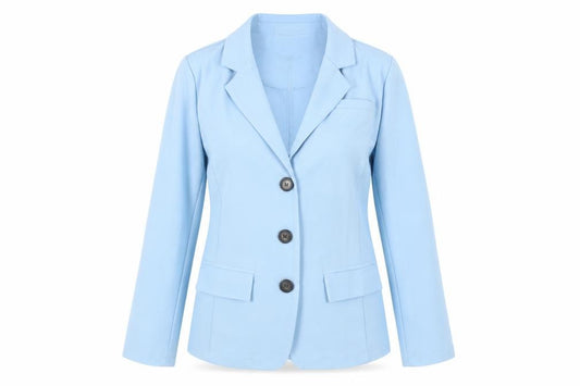 Front view of MissLook women’s blue jacket blazer, size M, button - unlined
