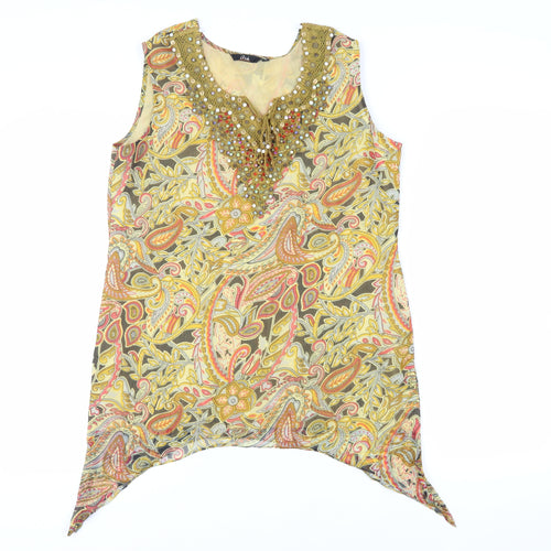 Ark Womens Yellow Paisley Polyester Basic Blouse Size L Round Neck - Embellished Neckline