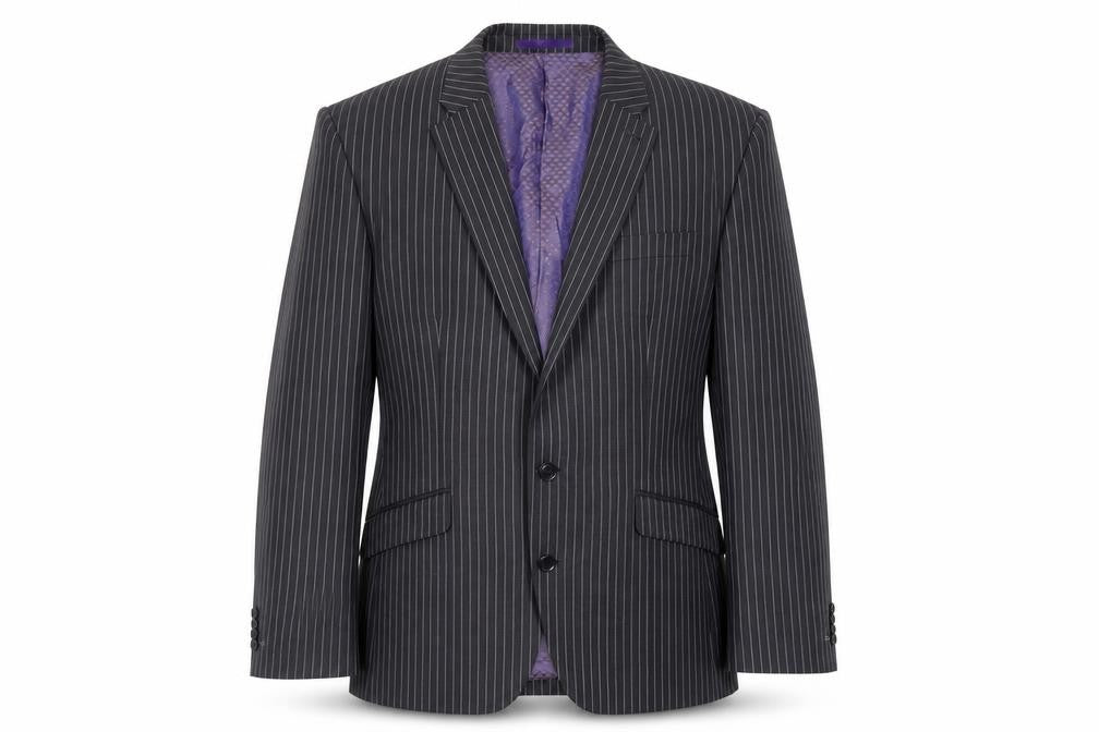 Front view of Next men’s grey striped wool jacket suit jacket, size 42, regular