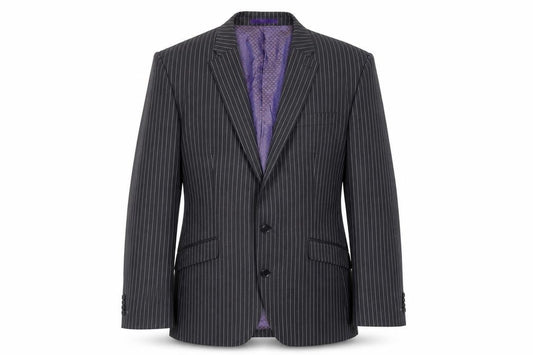 Front view of Next men’s grey striped wool jacket suit jacket, size 42, regular