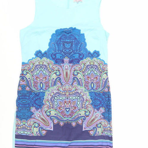 Be Beau Womens Blue Paisley Cotton Shift Size 16 Boat Neck Zip - Lined