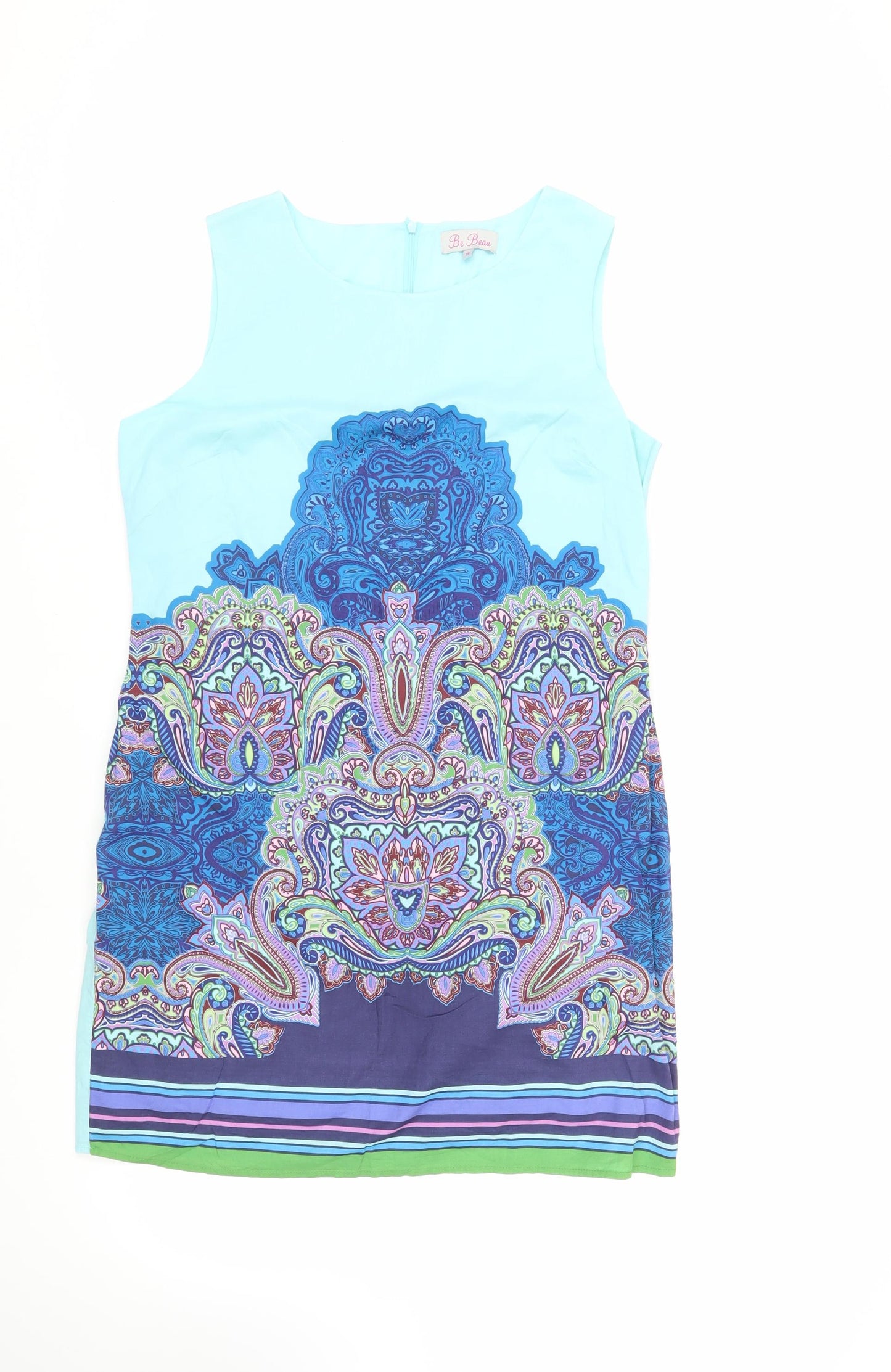 Be Beau Womens Blue Paisley Cotton Shift Size 16 Boat Neck Zip - Lined