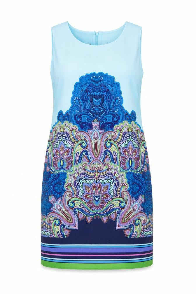 Be Beau Womens Blue Paisley Cotton Shift Size 16 Boat Neck Zip - Lined