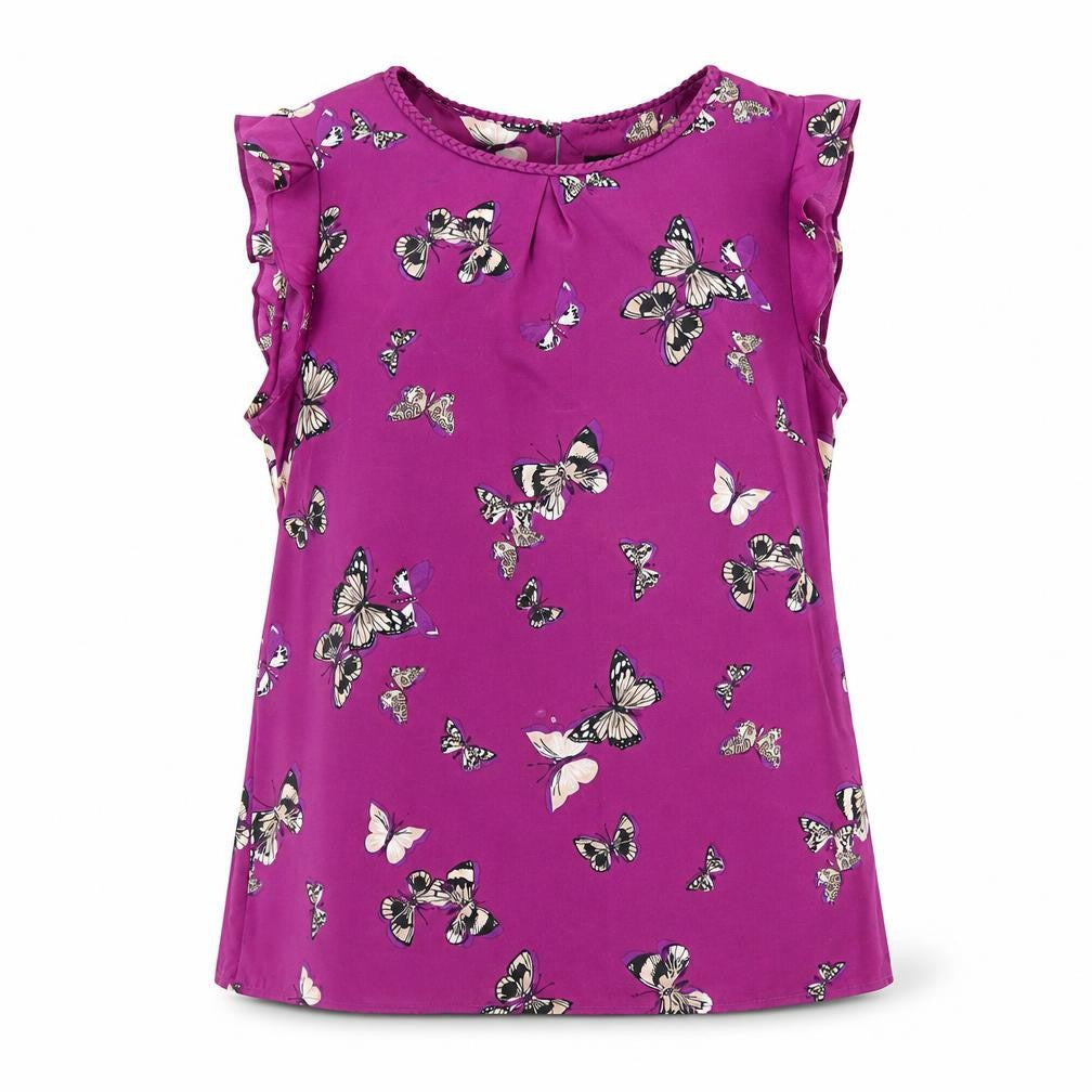 Front view of Oasis women’s purple geometric polyester basic blouse, size UK 10, round neck - butterfly pattern