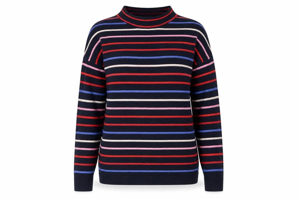 Front view of Warehouse women’s blue mock neck striped cotton jumper, size UK 8