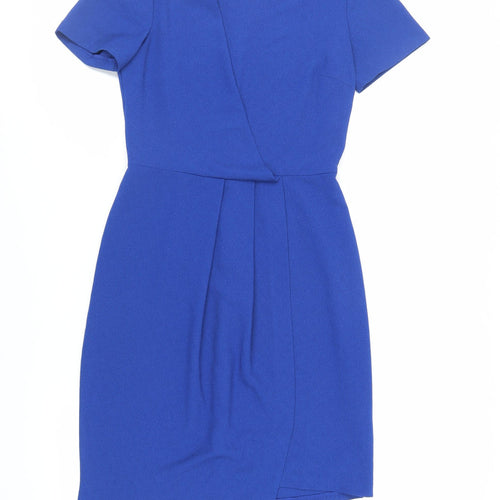 Warehouse Womens Blue Polyester Pencil Dress Size 8 Round Neck Zip