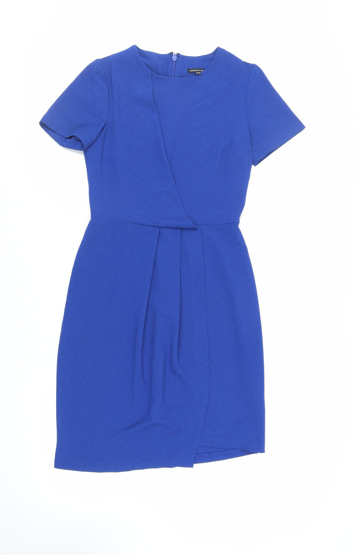Warehouse Womens Blue Polyester Pencil Dress Size 8 Round Neck Zip