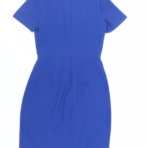 Warehouse Womens Blue Polyester Pencil Dress Size 8 Round Neck Zip