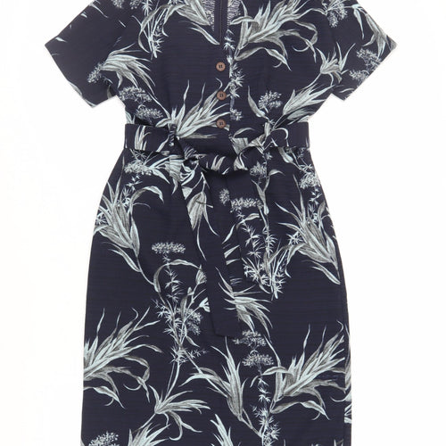 Warehouse Womens Blue Floral Polyester Sheath Size 8 V-Neck Zip - Belted