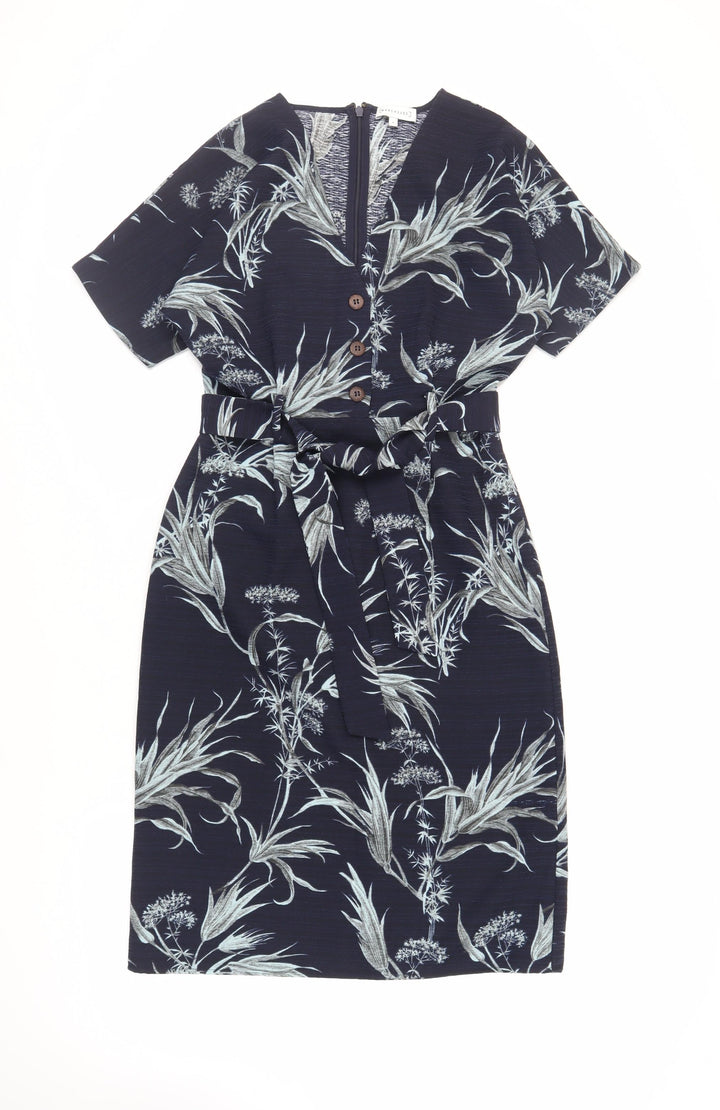 Warehouse Womens Blue Floral Polyester Sheath Size 8 V-Neck Zip - Belted